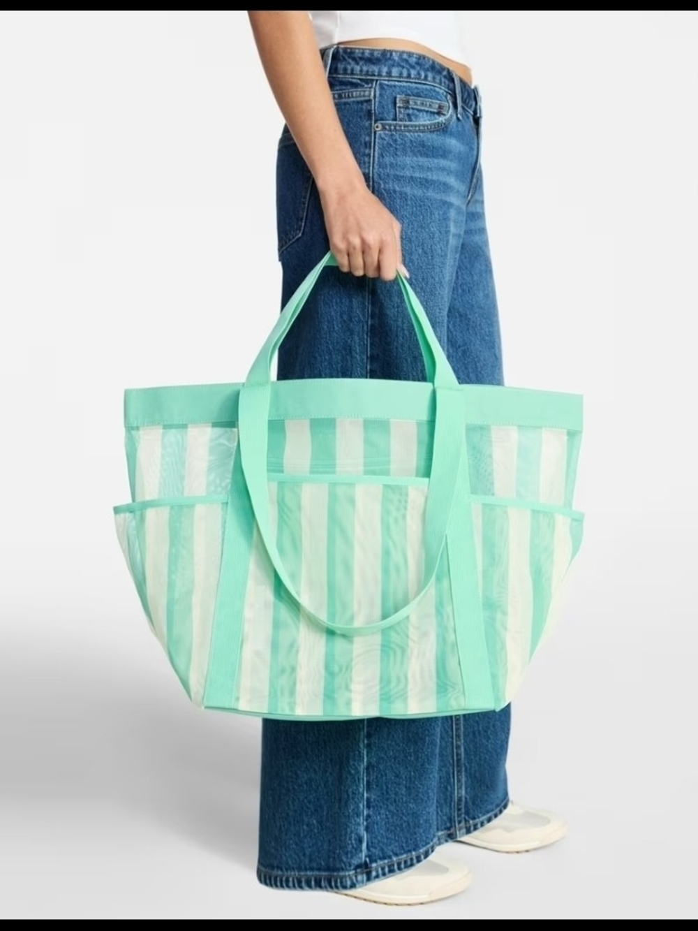 No Boundaries Mint Green Striped Mesh Tote